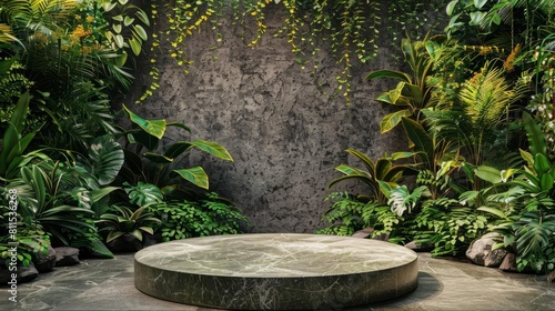 The image is a 3D rendering of a stone pedestal or stage in a lush green jungle setting.