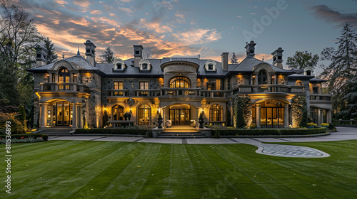 Luxury mansion with a sprawling lawn and a grand, curved driveway