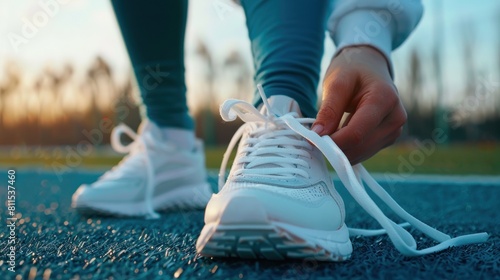 Tying white sports shoes on blurred field background. AI generated image