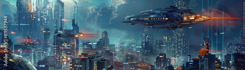 digital art showing a futuristic city with airborne transportation