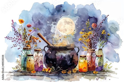 A witch's cauldron is filled with a bubbling potion. The cauldron is surrounded by jars of herbs and flowers. The full moon is in the background.