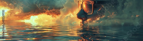 A scorching heatwave causing ripples in a lake with VR glasses peeking out