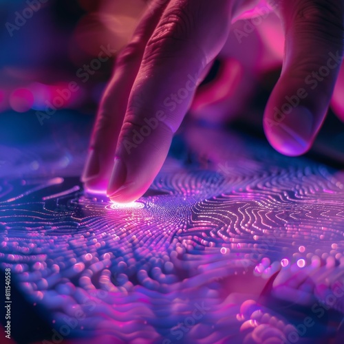 A closeup of a fingertip touching the surface of a tablet, triggering a ripple effect of purple energy waves across the screen