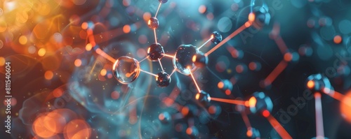 A closeup of a molecule undergoing a chemical reaction, with atoms pulling away from each other and glowing lines representing the energy transfer