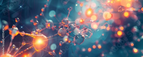 A closeup of a molecule undergoing a chemical reaction, with atoms pulling away from each other and glowing lines representing the energy transfer