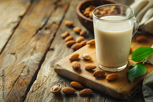 Almond milk and nuts on a wooden cutting board.