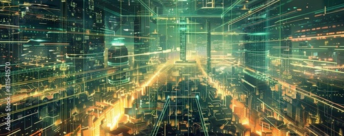 digital illustration of a megacity with telepathic communication grids