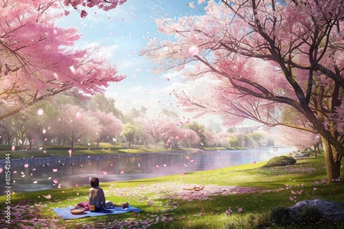 Serene Hanami Festival Scene with People Enjoying Cherry Blossoms Picnic by a Lake under a Sakura Tree