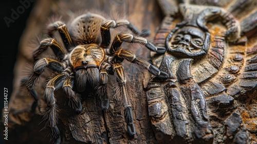 Close-up of a hairy tarantula on a highly textured ancient artifact background