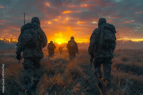 Soldiers patrolling at dawn with a vivid sunrise in the background, symbolizing hope and resilience.
