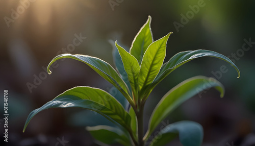 The soft glow of the morning light caresses the a young plant, close up. Generative AI