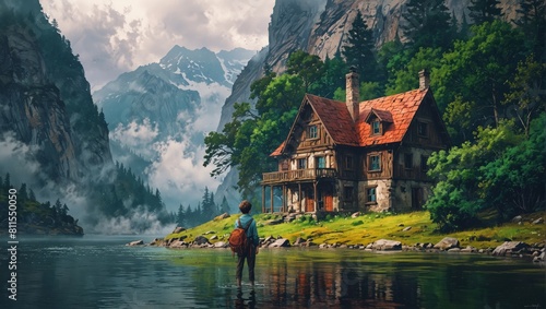 old house between mountains and lake
