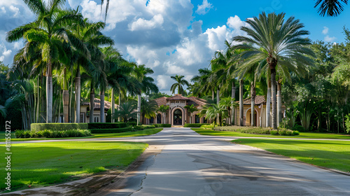Luxurious mansion with palm trees in Miami Beach,Mansion entrance in a tropical location, Classic architecture style home in the historic coastal gulf residential district of Old Naples 