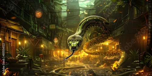 Illustration of a snake slithering through an Indian city street market. Concept India, Snake, Street Market, Illustration, Urban Landscape