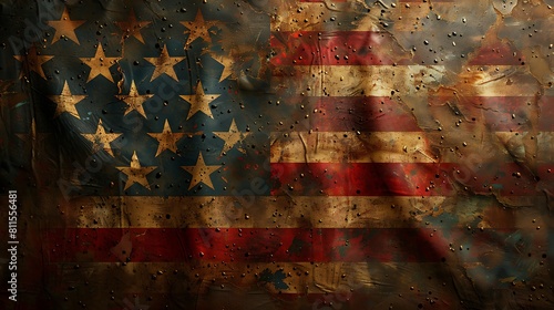 The US flag depicted as an aged tapestry hanging on a barn wall, with faded colors and worn texture.