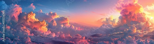 A dramatic skyscape featuring an assortment of fluffy clouds during a vibrant sunset, with pink and orange hues
