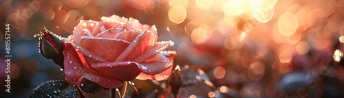 A closeup of a dewcovered rose at sunrise, with droplets sparkling in the morning light