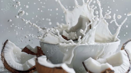 Slow motion video of coconut pieces falling into a bowl of milk, splashing dramatically against a white negative space