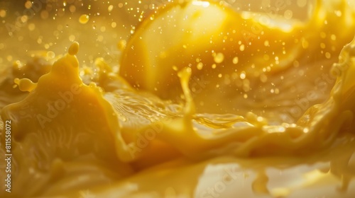 Slow motion closeup of mango pulp splashing into milk, highlighting droplets against a subdued background