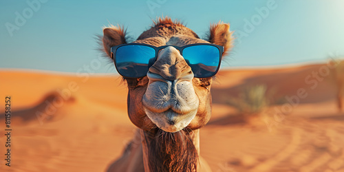 Funny Camel Portrait with Trendy Eyewear in Sandy Environment, Desert Camel Fashion