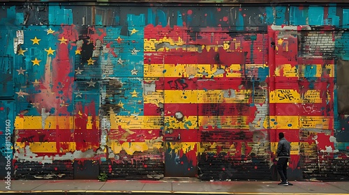 The US flag in pop art graffiti style, with exaggerated forms and vibrant color blocks on a downtown building facade.