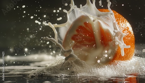 Highspeed capture of milk being poured onto a whole orange, set against deep negative space for dramatic effect