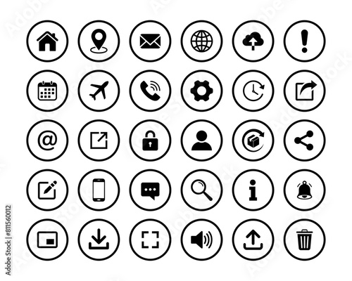 Contact and communication icon. Contact information icons. Linear and round.
