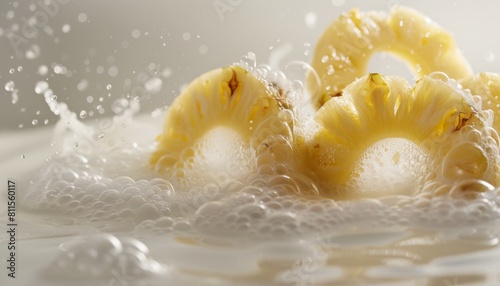 Elegant slow motion sequence of pineapple rings submerging in milk, set against a subdued negative space for visual impact