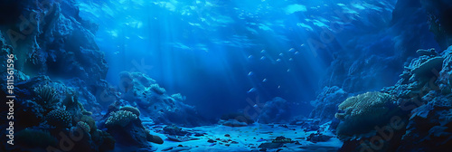 aquatic dreamscape featuring a variety of fish swimming in a vibrant blue underwater world, with a prominent large rock in the foreground