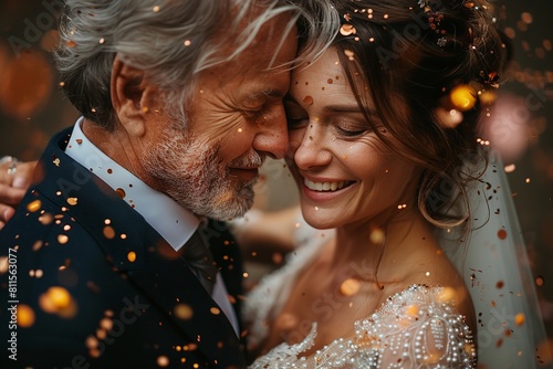 "Elderly Couple Joyfully Renewing Their Vows on Wedding Anniversary. Mature Married Pair Celebrates Amidst Confetti Shower, Embracing the Continuation of Love and Commitment."