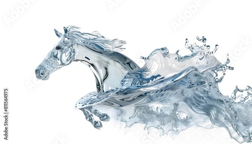 A horse made of water drops is leaping over something. 