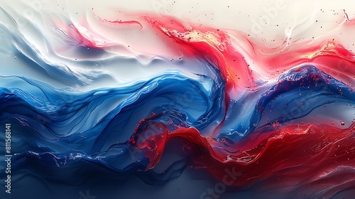 A flowing minimalist depiction of the US flag, with curving lines and fluid shapes in red, white, and blue.