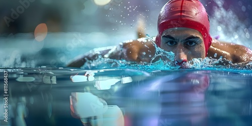 Male triathlete in red cap swimming freestyle in a blue outdoor pool. Concept Sports, Swimming, Triathlon, Outdoor Activities, Athlete