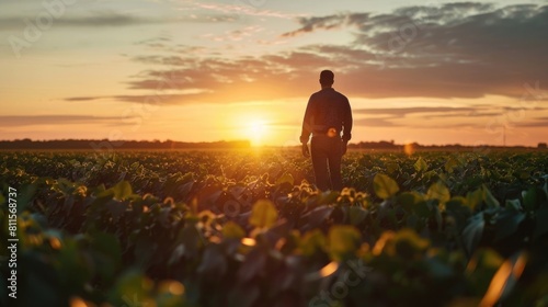 Rear view of young farmer standing in filed examining soybean corp at sunset,