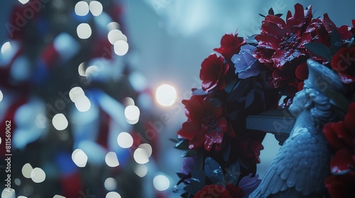 Christmas background with red poinsettia flowers and garland.