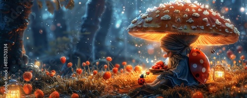A gnome dressed in a charming ladybug outfit sitting under a large mushroom
