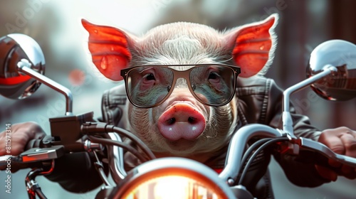 A pig wearing sunglasses rides a motorcycle.