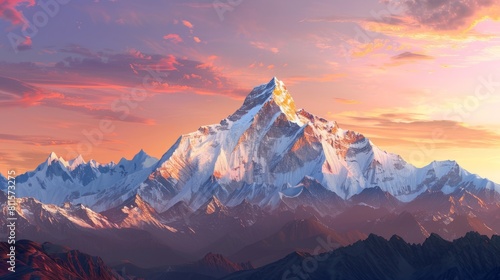 Mountain peak of the tibetan snow-capped mountains, a beautiful panorama of the mountains at sunset of the day, generative ai. hyper realistic 