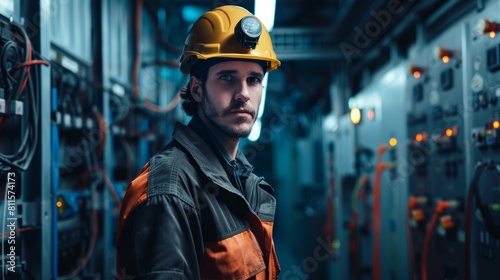 Portrait of a man in a helmet and work clothes standing in a power supply station, repair and adjustment by an electrician of an electrical panel hyper realistic 