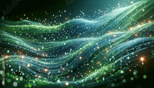 Abstract digital waves with binary code on a dark green background, symbolizing data flow. Generative AI