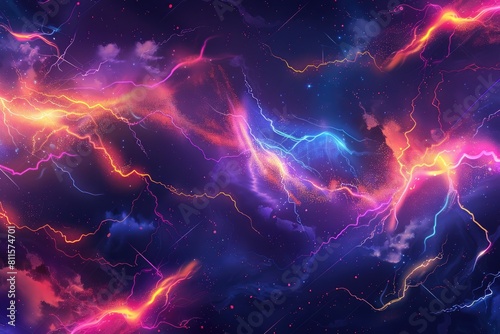 Blue and pink lightning in the night sky. 