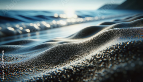 Close-up view of textured sand with sunlight reflections, photographic style, against a blurred ocean backdrop, embodying a serene concept. Generative AI