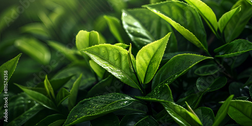 Fresh green leaf wet with dew symbolizes vitality, Green tea leaves on a field. 