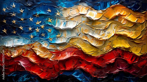 A vibrant oil painting of the US flag, with swirls of color bursting outward, symbolizing freedom and exuberance.