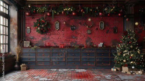 Christmas interior with red brick wall background, tree decorated with garland and balls, blackish drawers.High quality photo
