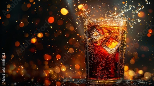 A dynamic image of a glass of soft drink with ice splashing around, set against a dark background