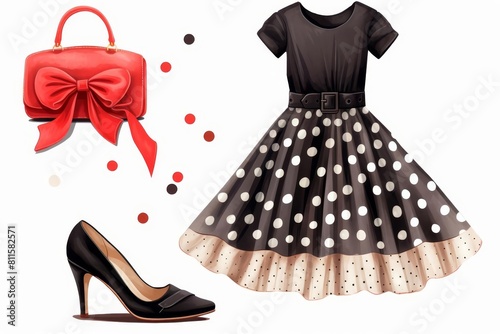Black dress with polka dots, red handbag with a bow, black classic shoes.