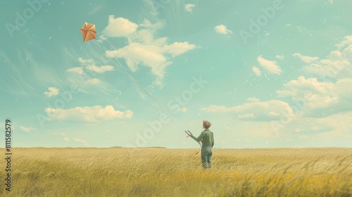 The drawing of the person is playing the kite under the bright light from the sun of the clear blue sky that can be conveying the feeling of the happiness, freedom, playful and joyful emotion. AIG43.