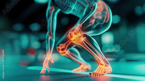  X-ray digital skeleton of a runner with a blue background. The skeleton's legs and joints are highlighted in red, emphasizing the runner's posture and pain points