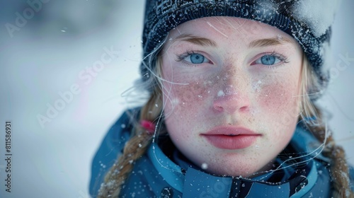 The close up picture of the person looking at the camera with the white snow background in the middle of the snowy ice field, the skill require for ice field are fitness, ice safety knowledge. AIG43.